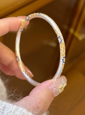 2026新款秋霜蓝花珐琅镯子新中式国潮珐琅彩手镯女镀银不掉色手镯