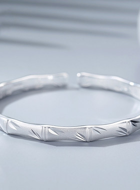 新款竹节手镯女白铜镀银开口实心个性时尚磨砂竹子镯子送妈妈礼物