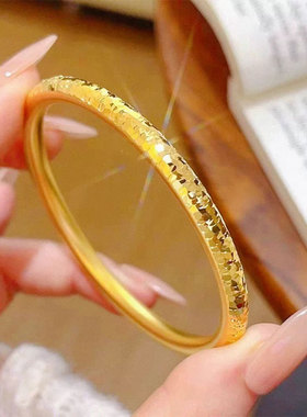 新款CNC碎冰冰素圈黄金色古法手镯女轻奢小众设计不掉色夸张手镯