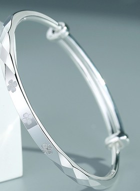 银饰四叶草镀999银手镯女小清新年轻款推拉实心镯子生日礼物