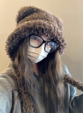 可爱小熊毛绒耳朵帽子女秋冬款