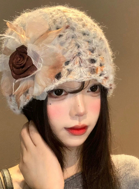 秋冬立体花朵镂空显脸小针织帽