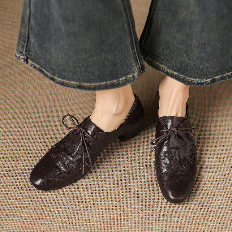 真皮4cm粗跟系带单鞋女四季低帮小皮鞋休闲复古深口中跟乐福鞋,淘宝优惠券,粉丝福利购,淘宝优惠卷