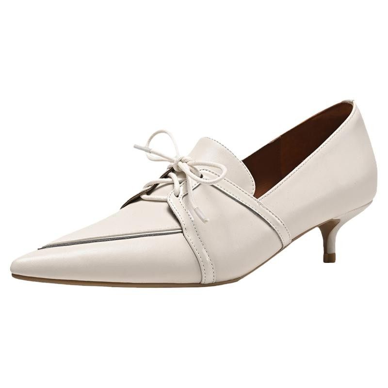 显瘦小跟单鞋女早春新款时尚通勤百搭真皮细跟尖头系带深口猫跟鞋,淘宝优惠券,粉丝福利购,淘宝优惠卷