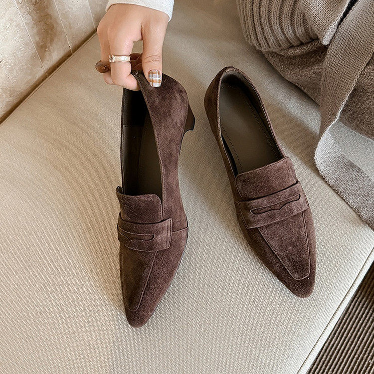 真皮3.5cm粗跟尖头乐福鞋女早春新款通勤百搭ol时尚深口单鞋灰色,淘宝优惠券,粉丝福利购,淘宝优惠卷