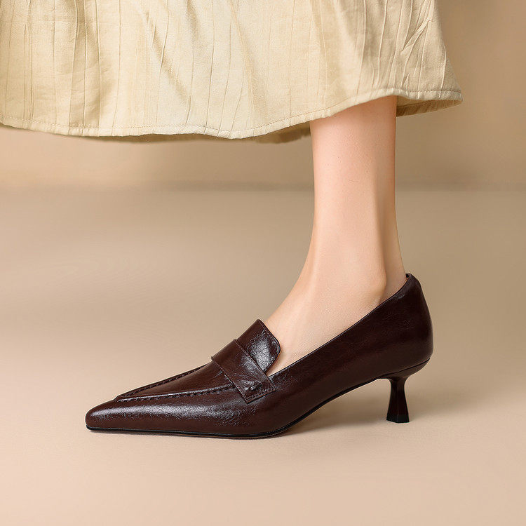 真皮5cm小跟高跟鞋女春秋款通勤时尚显瘦深口乐福鞋尖头猫跟单鞋,淘宝优惠券,粉丝福利购,淘宝优惠卷