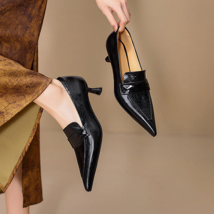 真皮5cm小跟高跟鞋女春秋款通勤时尚显瘦深口乐福鞋尖头猫跟单鞋,淘宝优惠券,粉丝福利购,淘宝优惠卷