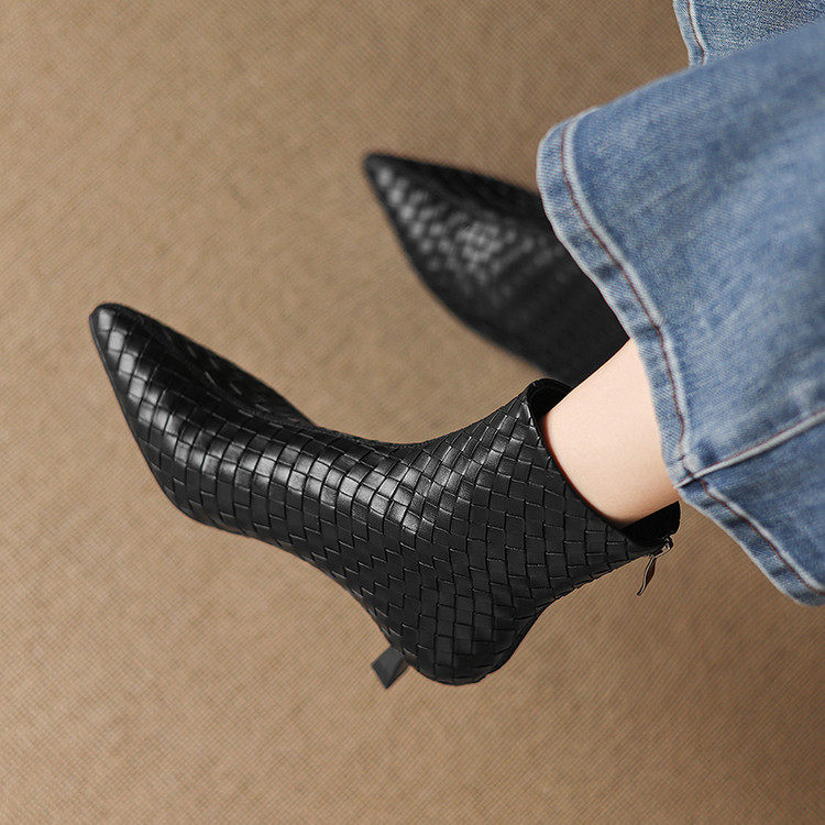 4.5cm细跟尖头短筒靴子女猫跟鞋秋冬时尚小众气质编织真皮马丁靴,淘宝优惠券,粉丝福利购,淘宝优惠卷