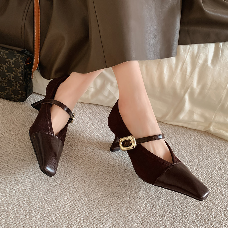 真皮6cm高跟鞋女方头粗跟V口奶奶鞋法式复古一字扣带单鞋玛丽珍鞋,淘宝优惠券,粉丝福利购,淘宝优惠卷