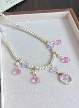 醉流年紫霞碧玉仿珍珠软璎珞紫色琉璃水滴项链国风汉元素坦领配饰