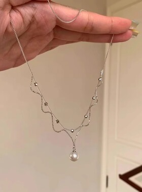 通体S925银法式蕾丝珍珠项链女