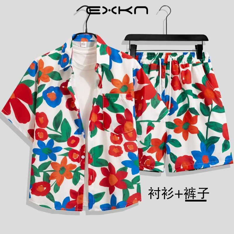 夏威夷风衬衫套装男夏季度假情侣休闲短袖五分短裤海边沙滩花衬衣,淘宝优惠券,粉丝福利购,淘宝优惠卷