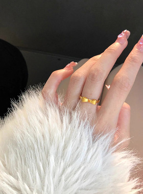 网红金色蝴蝶结戒指女气质时尚简约素圈开口可调节食指戒个性通勤