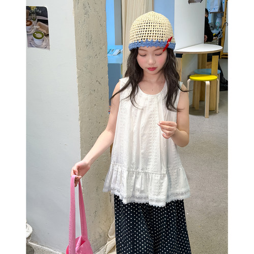 女童夏季蕾丝花边无袖上衣波点阔腿裤两件套2026夏装儿童洋气套装 - 图1