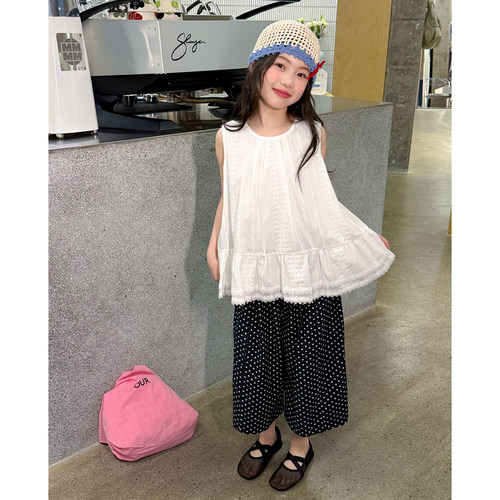 女童夏季蕾丝花边无袖上衣波点阔腿裤两件套2026夏装儿童洋气套装 - 图0