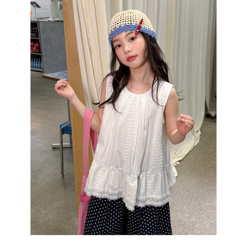 女童夏季蕾丝花边无袖上衣波点阔腿裤两件套2026夏装儿童洋气套装 - 图3