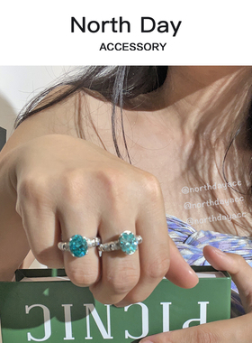 Northday自制 纯银s925人工帕拉伊巴色锆石蛋形椭圆戒指开口