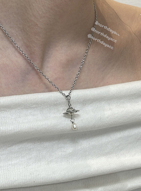 实拍无螺纹淡水珍珠土星立体aleksa水滴土星飞碟星球钛钢项链耳环