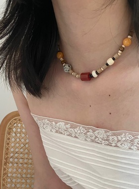 登陆可爱岛屿waki设计师款天然玉石木质珠不对称彩色串珠项链