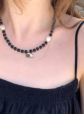 手作*黑色沙滩玉石黑玛瑙海螺吊坠串珠天然淡水珍珠锁骨项链