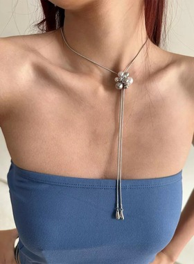 气质仙女精致白色珍珠立体花朵流苏长项链choker抽拉调节