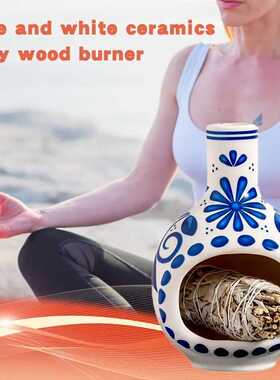 陶瓷香薰炉青花陶瓷圣木燃烧器冥想瑜伽熏香碗烟囱香座香炉