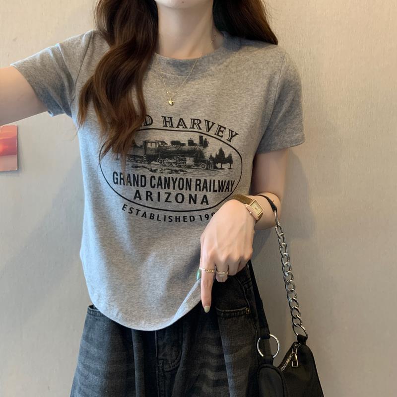 纯棉美式复古宽松短袖女夏季ins短款不规则设计感小众正肩t恤上衣_女装_女士精品