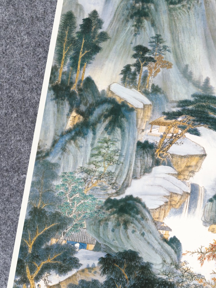 仿董源华阳仙馆图近现代张大千青绿设色国画芯名家竖幅装饰画书房-图1