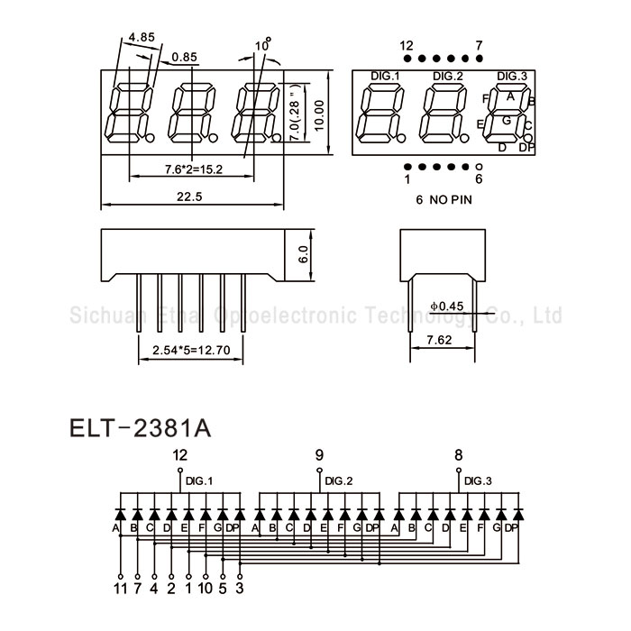 ELT-2381AW,ELT-2381BW,0.28英寸3位共阴共阳白色数码管YTNLED - 图1