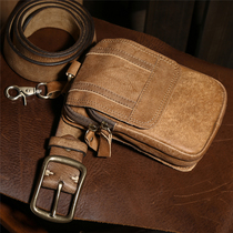 Retro genuine leather mens purse sport running men wear belts mobile phone bag bilayer headlayer cow leather work site