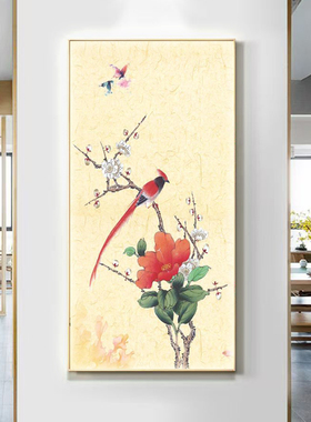 新中式玄关客厅挂画装饰画喜上眉梢花鸟壁画餐厅酒店带LED灯感应