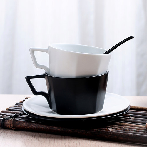 简约日式风格陶瓷咖啡杯碟白黑色哑光咖啡杯子家用复古咖啡杯套装 - 图0