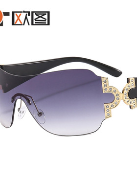 无框连体镶钻欧美太阳镜 大框男女士炫酷Y2K系列飞行员墨镜YK544
