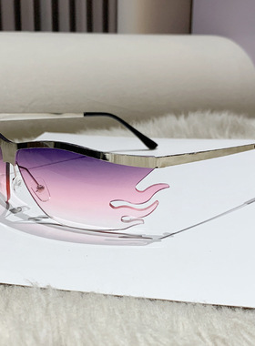 欧美潮流Y2K辣妹甜酷复古火焰太阳眼镜连体个性无框切边潮流墨镜
