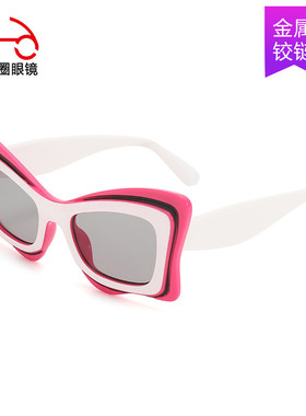 两个圈 不规则猫眼花瓣框太阳镜跨境撞色金属铰链pc女士墨镜T1189