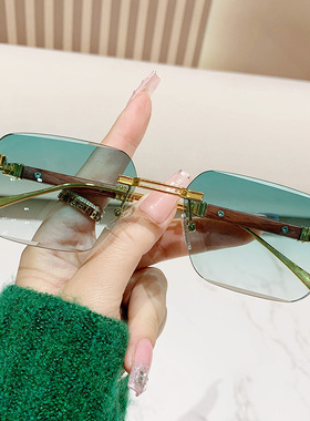 新款木纹镜腿金属无框太阳镜欧美不规则方形潮流墨镜跨境眼镜