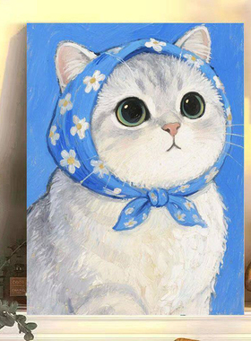 萌系可爱头巾小猫简约趣味卧室客厅装饰摆画小众艺术挂画卧室壁画