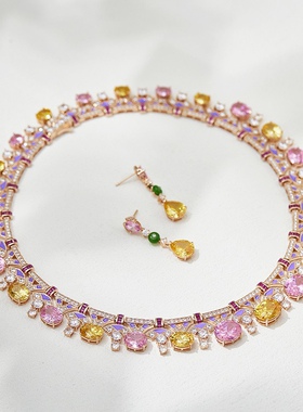 法式爆闪重工彩色黄钻粉色choker颈链新娘晚宴礼服项链大气复古