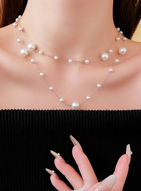 法式复古长款双层珍珠项链潮流感气质小众设计新娘项链礼服锁骨链