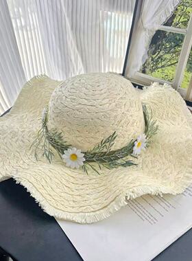 夏季花朵粗辫草帽子女海边度假出游大檐遮阳防晒帽沙滩度假大帽檐