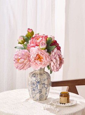 焦边牡丹仿真花 复古油画烤边芍药绢花室内客厅家居摆件摄影道具