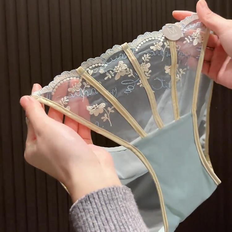 法式轻奢重工复古宫廷鱼骨刺绣蕾丝网纱透明性感纯欲内裤女三角裤 - 图2