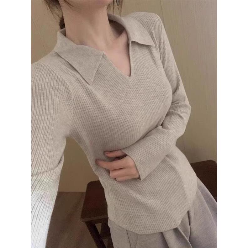 polo领针织衫女2025秋季新款翻领内搭毛衣修身秋冬v领上衣打底衫 - 图2