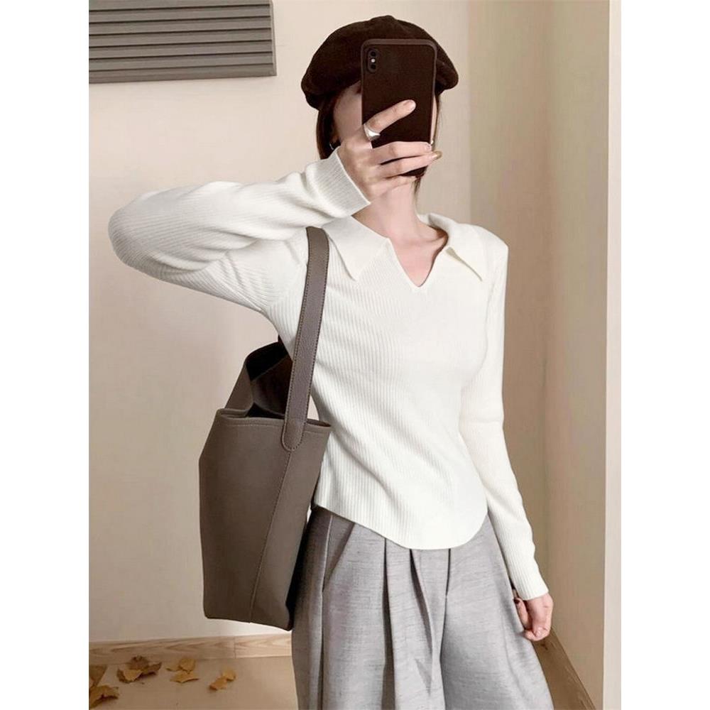 polo领针织衫女2025秋季新款翻领内搭毛衣修身秋冬v领上衣打底衫 - 图0