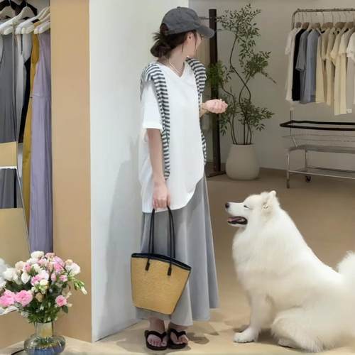 韩系夏日穿搭一整套2025爆款慵懒风时尚宽松短袖上衣半身裙两件套 - 图3