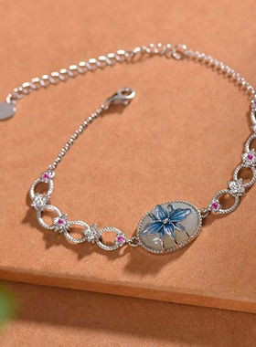 s925银镶和田玉白玉蛋面女宫廷复古汉服配饰珐琅彩手链