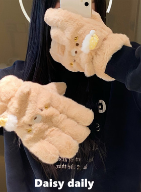 蜜蜂小熊半指手套女冬季加绒加厚保暖学生写字骑车防风防寒棉手套
