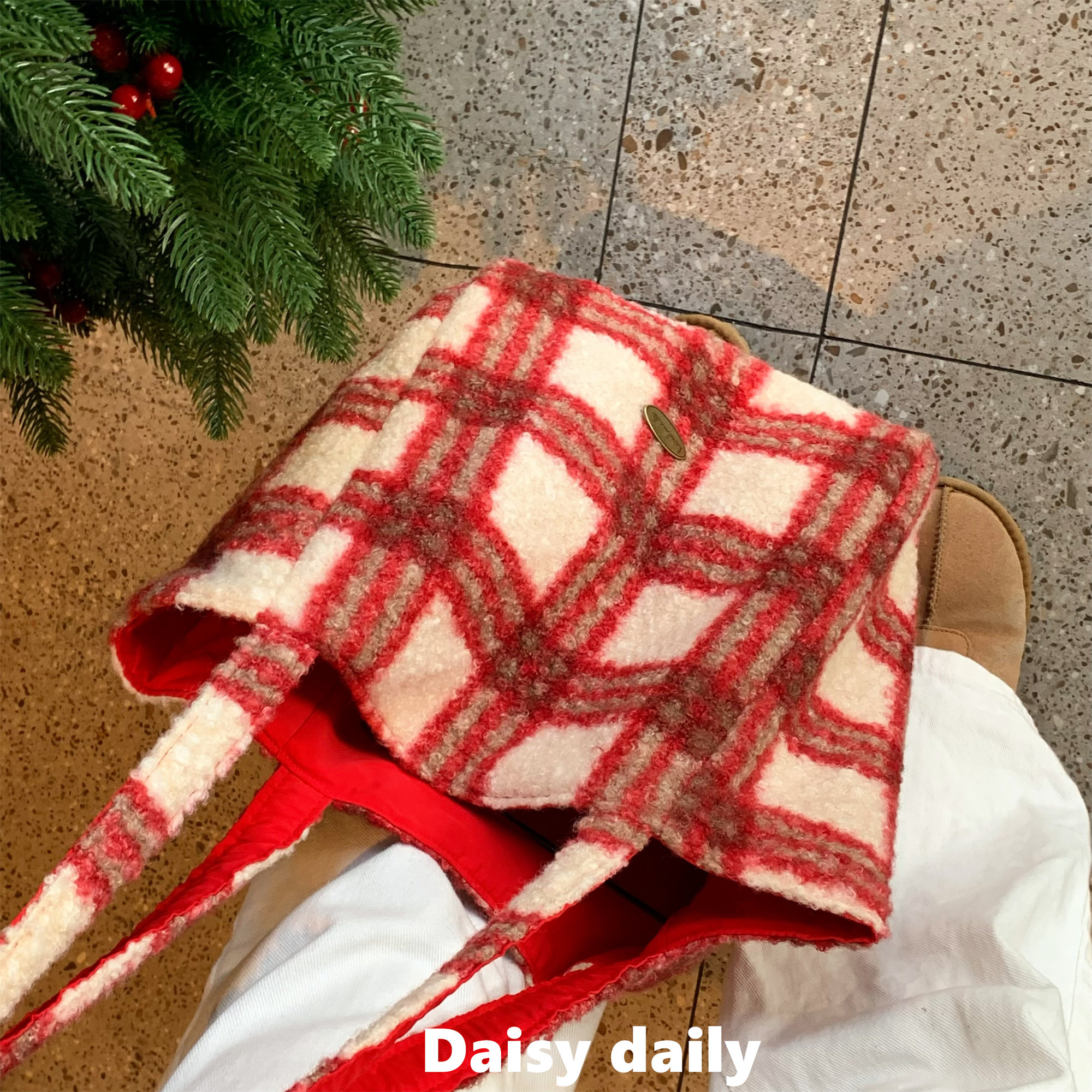 新年红格纹毛绒双面托特包女2025秋冬新款大容量通勤单肩手提包包,淘宝优惠券,粉丝福利购,淘宝优惠卷