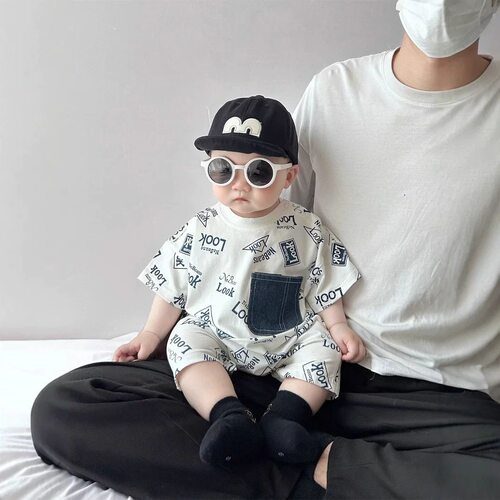 韩版婴儿连体衣夏季男宝宝纯棉字母哈衣休闲小童短袖Look爬爬服潮 - 图0