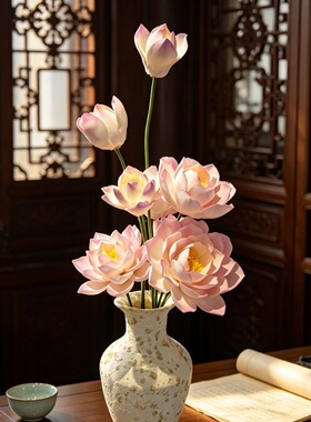 磨砂牡丹四件套装景德镇陶瓷花朵牡丹带花瓶豪华摆件仿真花永生花